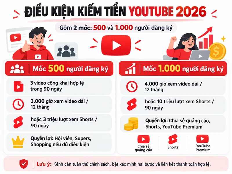 Điều kiện kiếm tiền YouTube 2026 gồm các mốc 500 và 1.000 người đăng ký