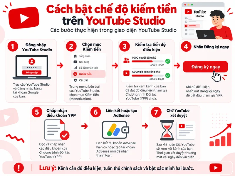 Cách bật chế độ kiếm tiền trên YouTube trong giao diện YouTube Studio