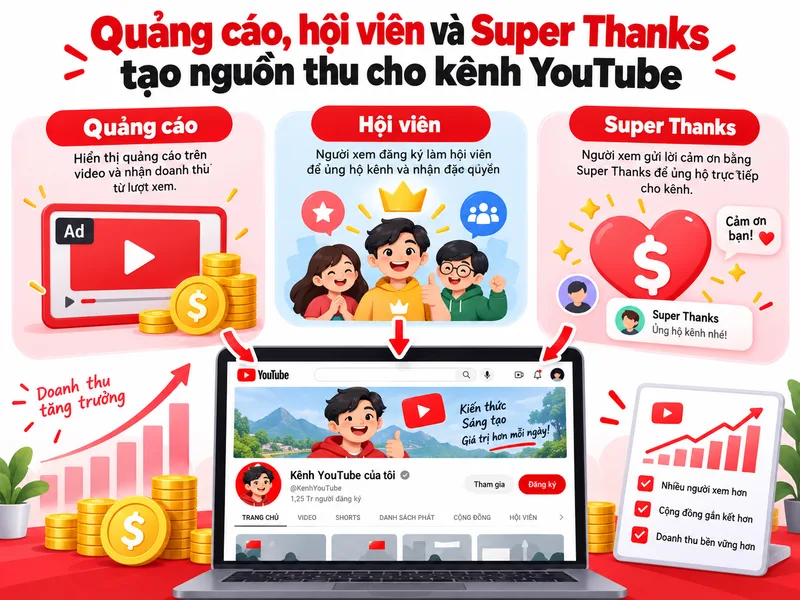 Quảng cáo, hội viên và Super Thanks tạo nguồn thu cho kênh YouTube